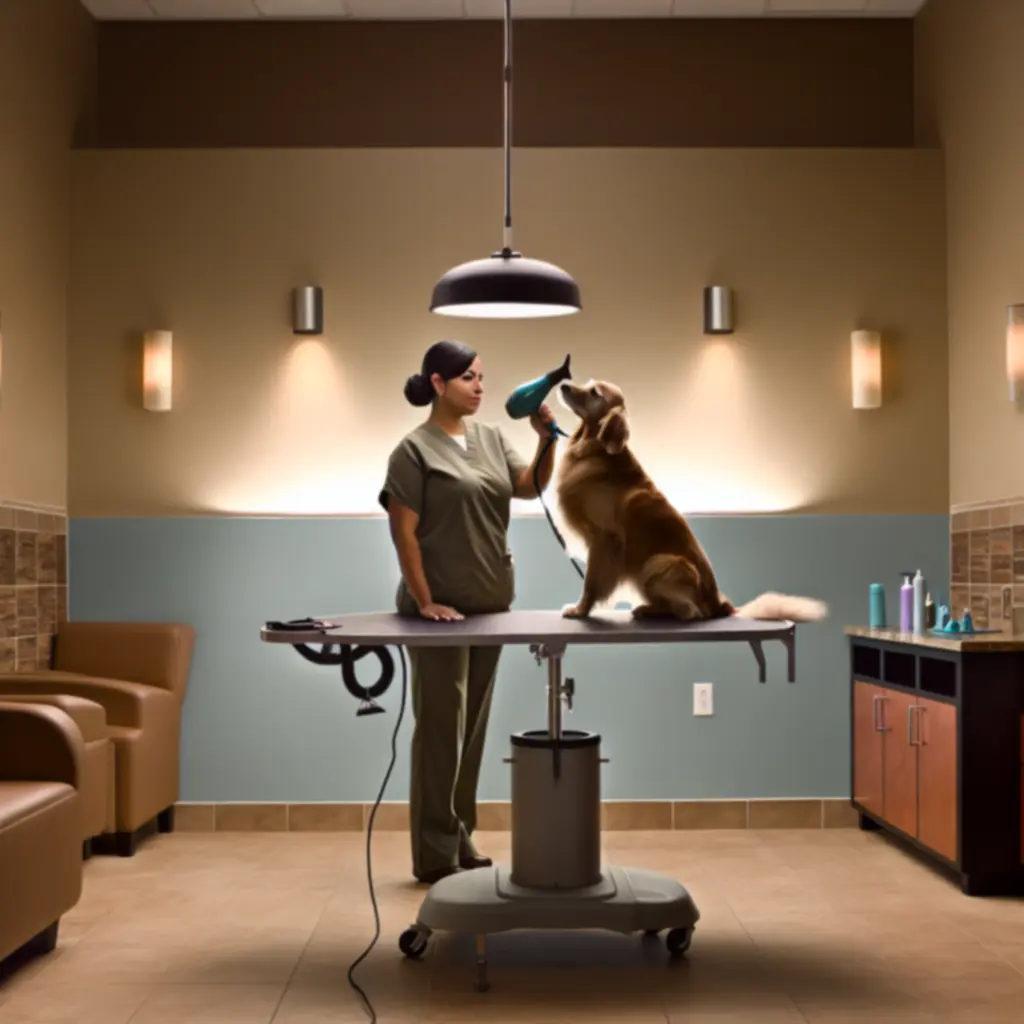 Profesjonalny groomer pielęgnujący golden retrievera w ciepłym, przytulnym salonie