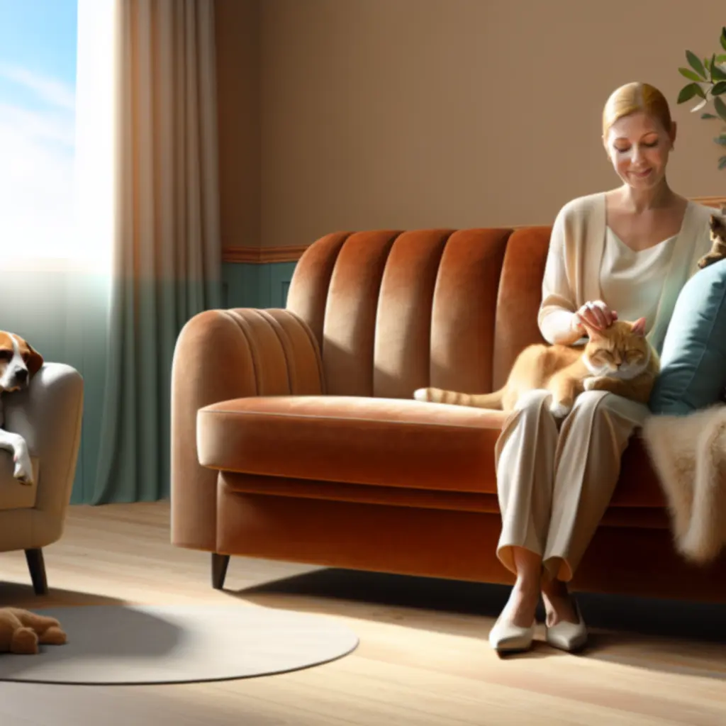 Opiekunka przytulająca kota w przytulnym, beżowym salonie domowym