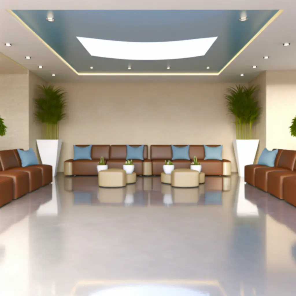 Wnętrze salonu Petoveentra z beżowymi meblami, oliwkowymi akcentami i naturalnym światłem