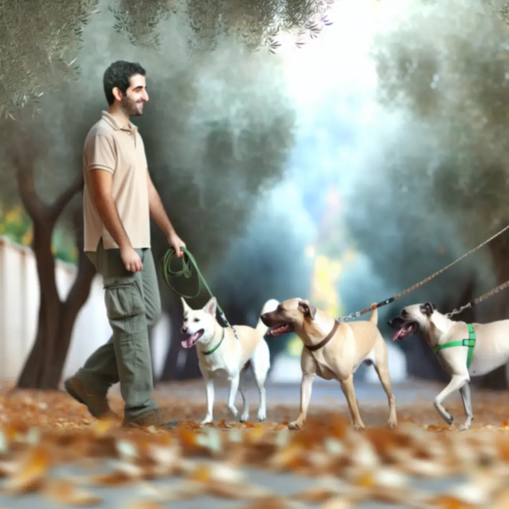 Doświadczony wyprowadzacz spacerujący z psem w parku